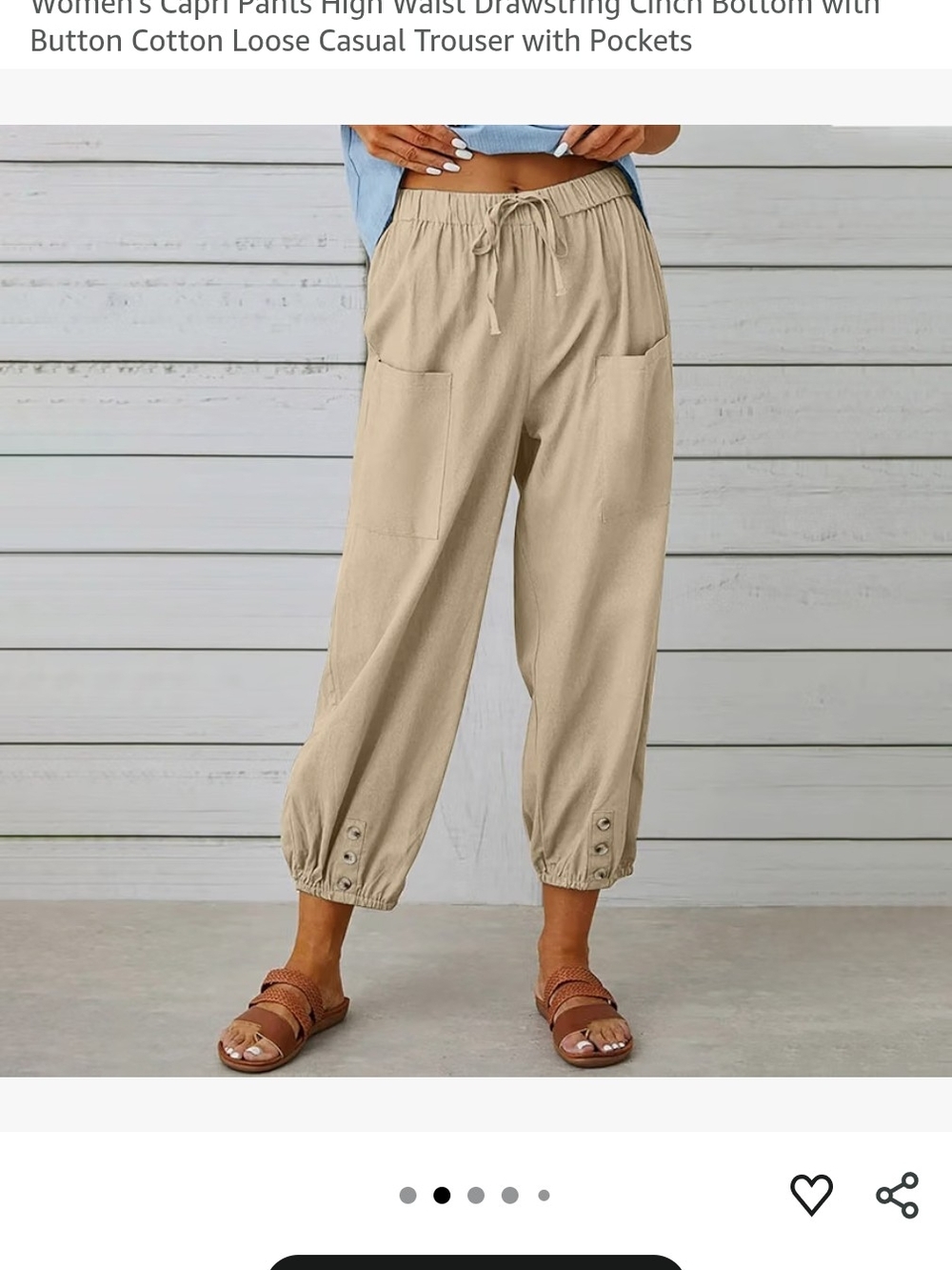 Khaki Drawstring Capri Pants with Button Cuffs